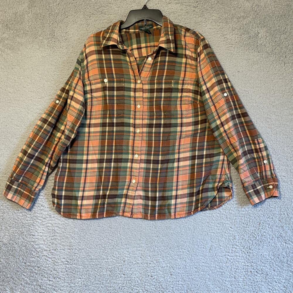 Lauren Ralph Lauren womens 1X Rainbow Madras Plaid Pocket Button Shirt